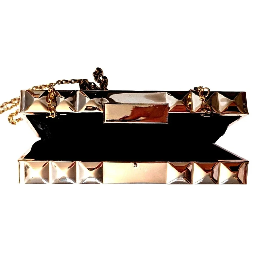 Kate Landry Gold Studded Box Clutch Black Convertible‎ Crossbody Removable Chain